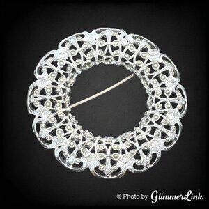 Ornate Filigree Silver Tone Domed Wreath Circle Brooch